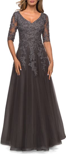 Long A-line Dress with Lace Bodice and V-neck