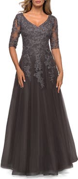 La Femme Long A-line Dress with Lace Bodice and V-neck