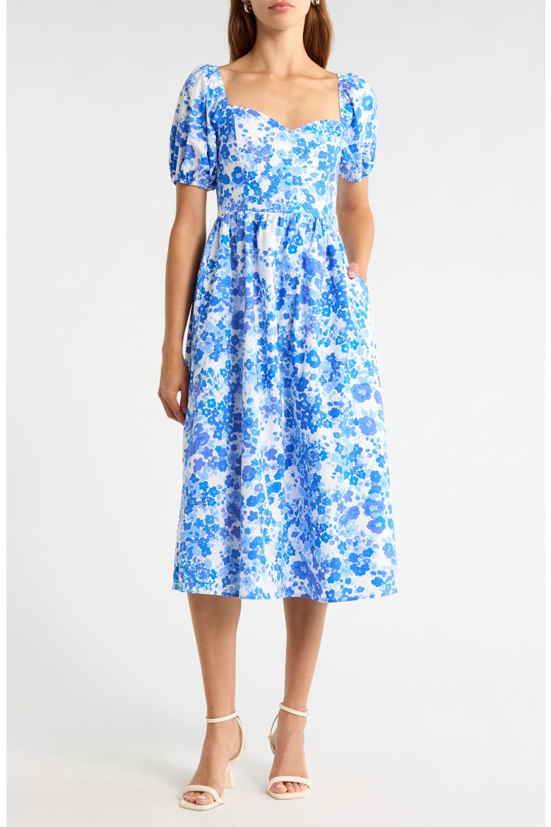 Carli Floral Alessi Puff Sleeve Cotton Midi Dress, Main, color, WHITE-BLUES-MULTI