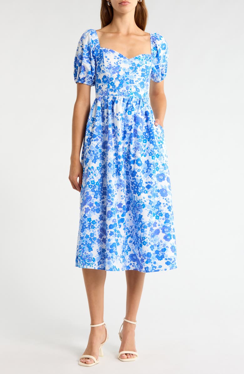 SUGARLIPS Carli Floral Alessi Puff Sleeve Cotton Midi Dress, Main, color, White-Blues-Multi