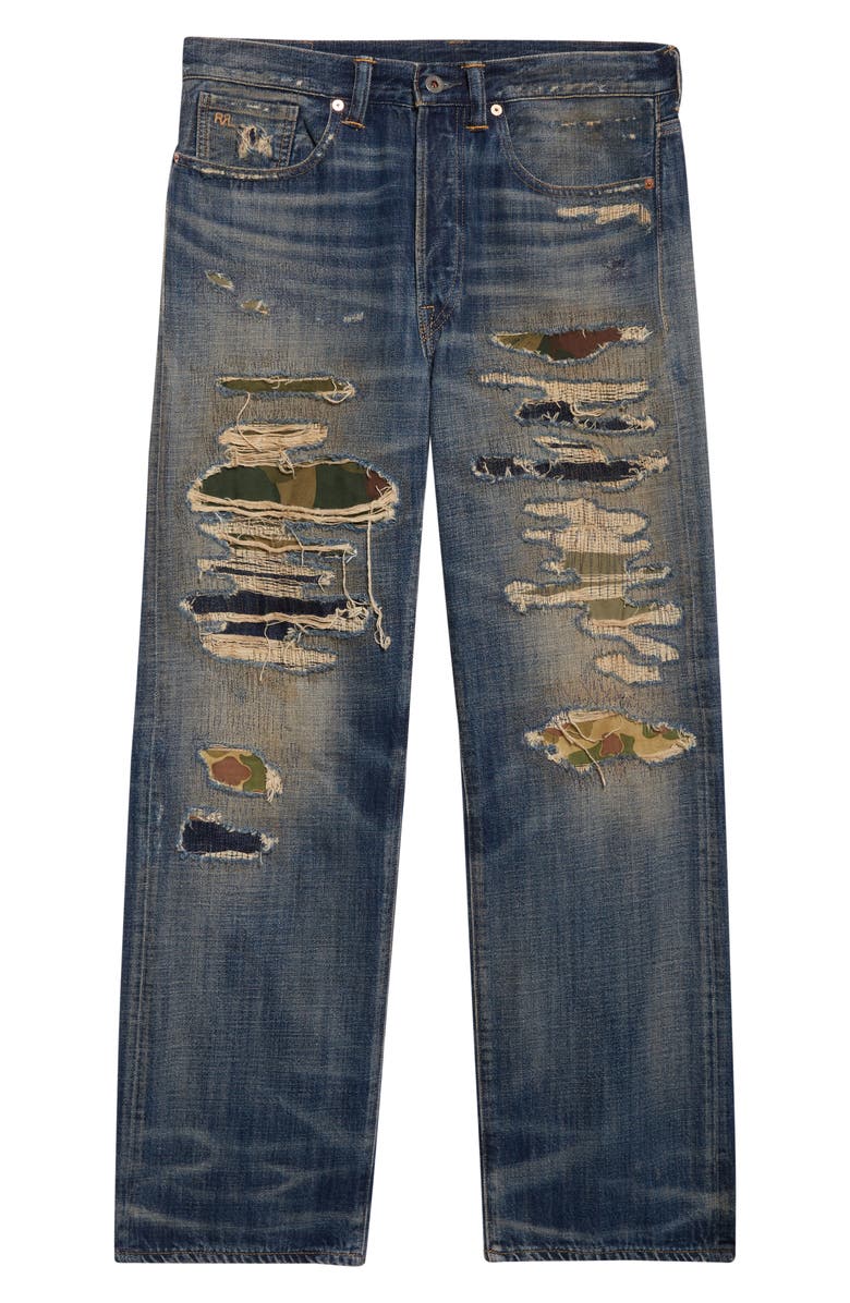 Double RL Relaxed Fit Ripped & Repaired Straight Leg Jeans, Alternate, color, Averie Wash