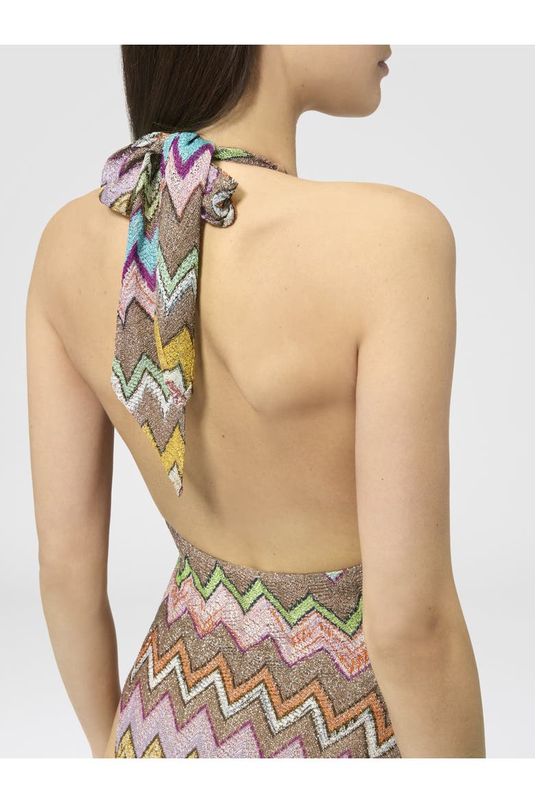 One-piece Swimsuit In Lamé Viscose With Macro Zigzag And Deep Neckline, Alternate, color, Black & Multicoloured