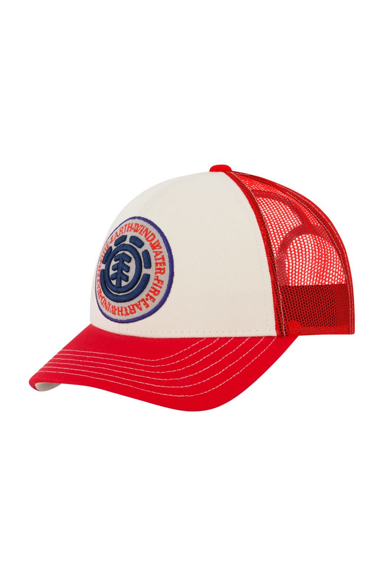Constructed Contrast Stitch Cotton Twill Trucker Cap, Main, color, RED