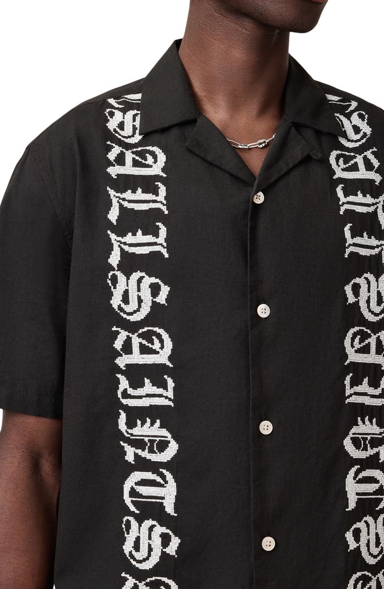 AllSaints Scripture Embroidered Short Sleeve Cotton Button-Up Shirt, Alternate, color, Faded Black