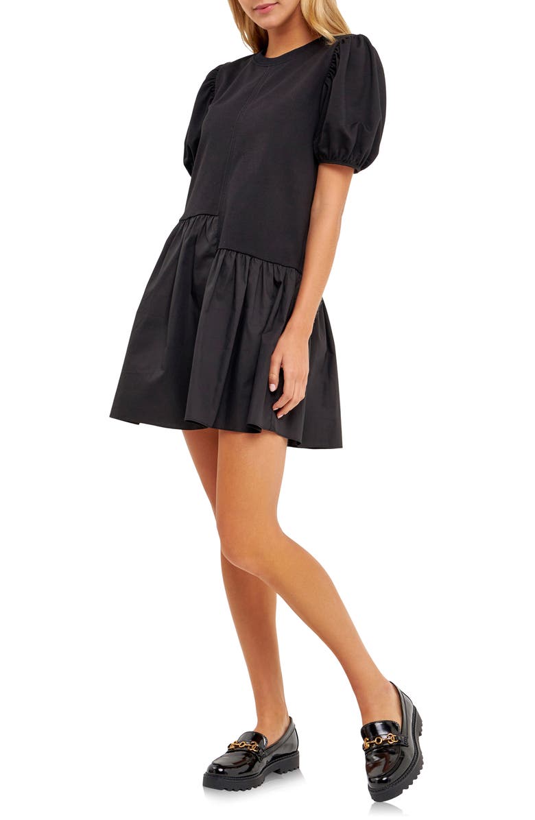 English Factory Puff Shoulder Mixed Media Minidress, Alternate, color, Black