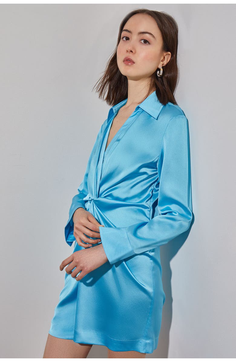 Ming Wang Knot Waist Crepe De Chine Shirt Dress, Main, color, Dew Blue