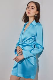 Ming Wang Knot Waist Crepe De Chine Shirt Dress
