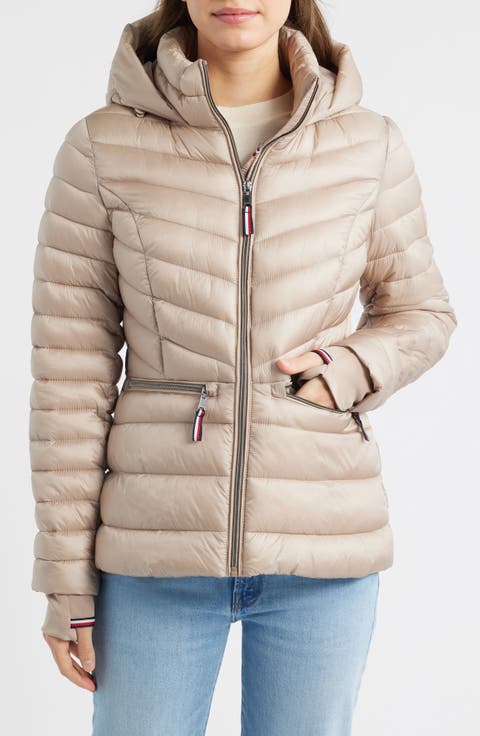 Packable Chevron Puffer Jacket with Hood