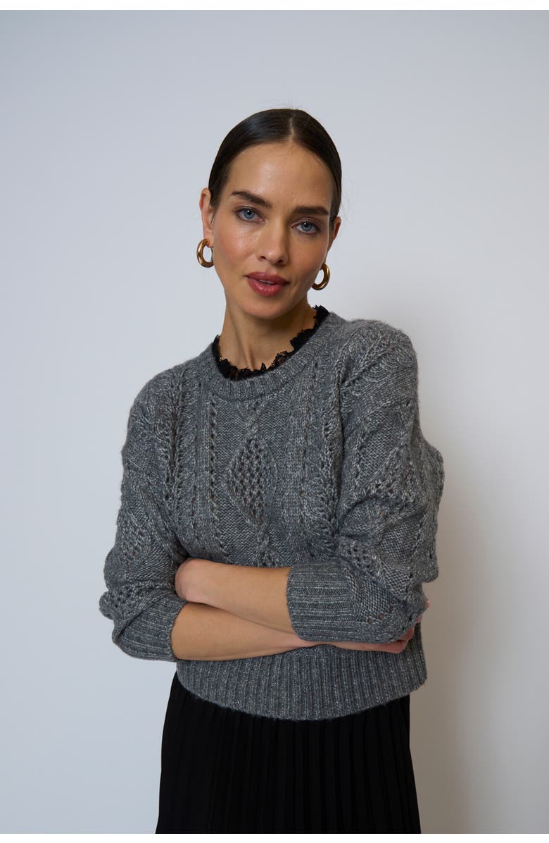 Central Park West Celeste Lace Trim Cable Pullover, Main, color, Charcoal