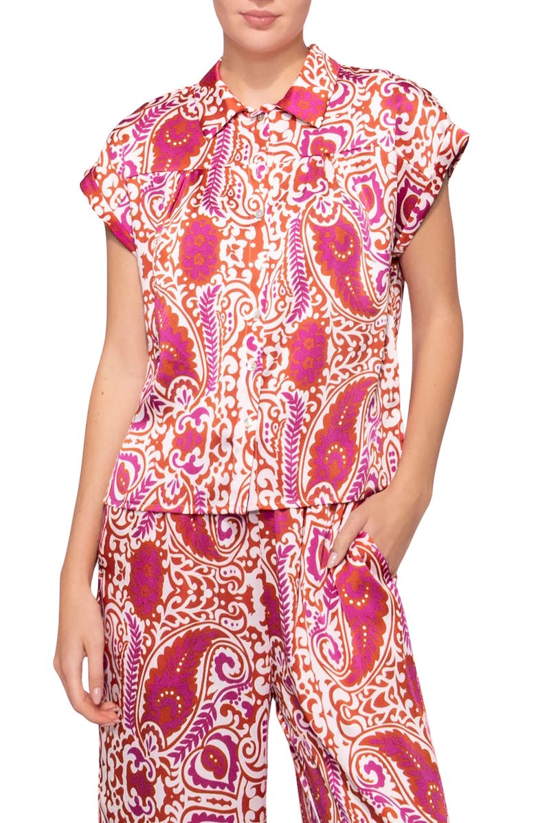 MELLODAY Satin Button-Up Shirt, Main, color, Ivory Red Paisley