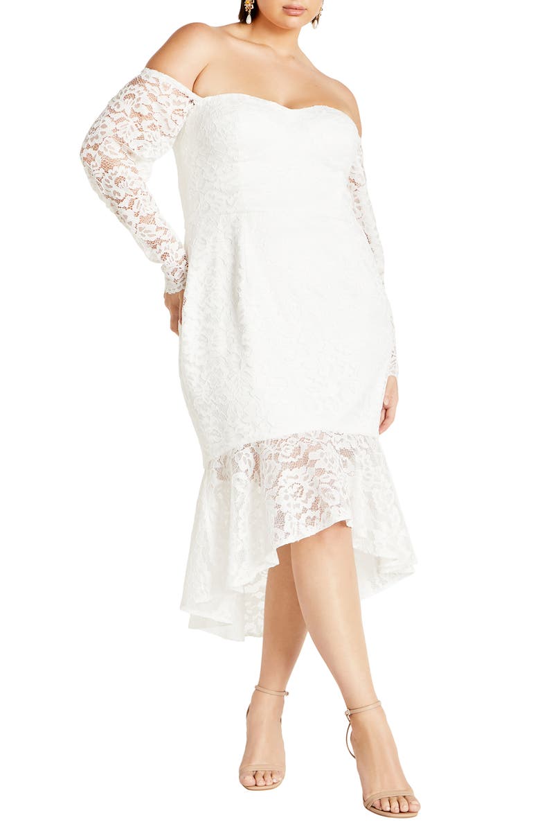 City Chic Athena Off the Shoulder Long Sleeve Dress, Alternate, color, Ivory