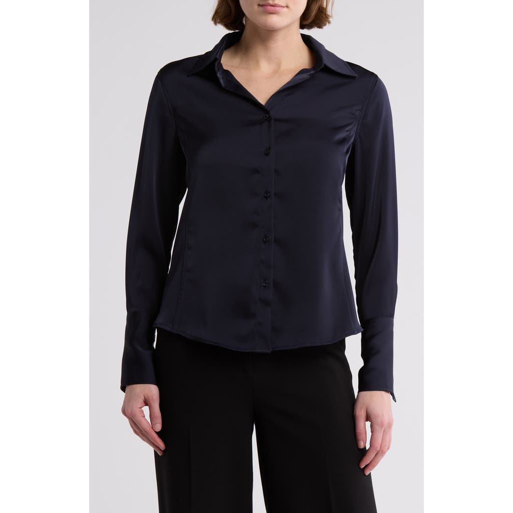 T Tahari Solid Long Sleeve Button-up Shirt In True Navy
