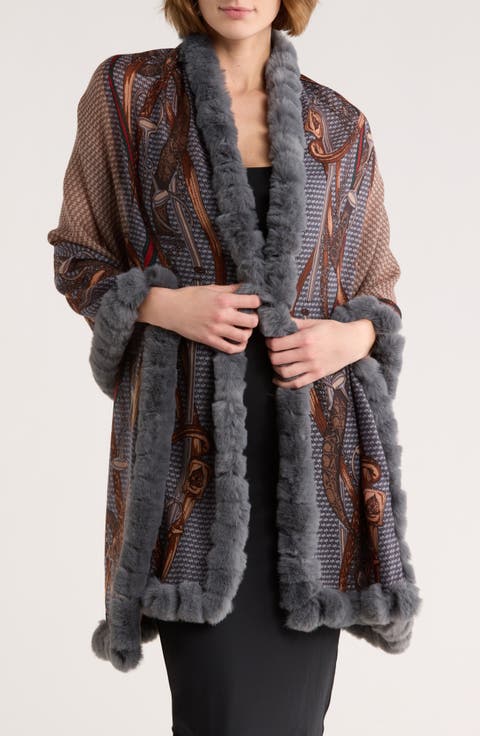 Faux Fur Trim Chain Print Wrap Scarf