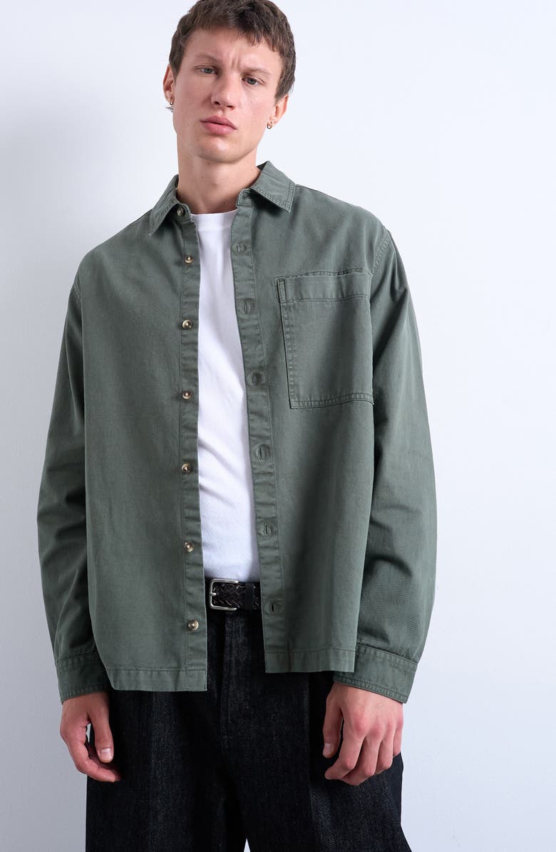 Topman Washed Twill Overshirt, Main, color, Medium Green