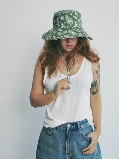 Lost Pattern Nyc "paisley" Cotton Reversible Sun Hat In Green