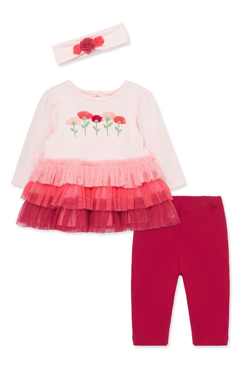 Little Me Fan Floral Ruffle Top, Leggings & Headband Set, Main, color, 