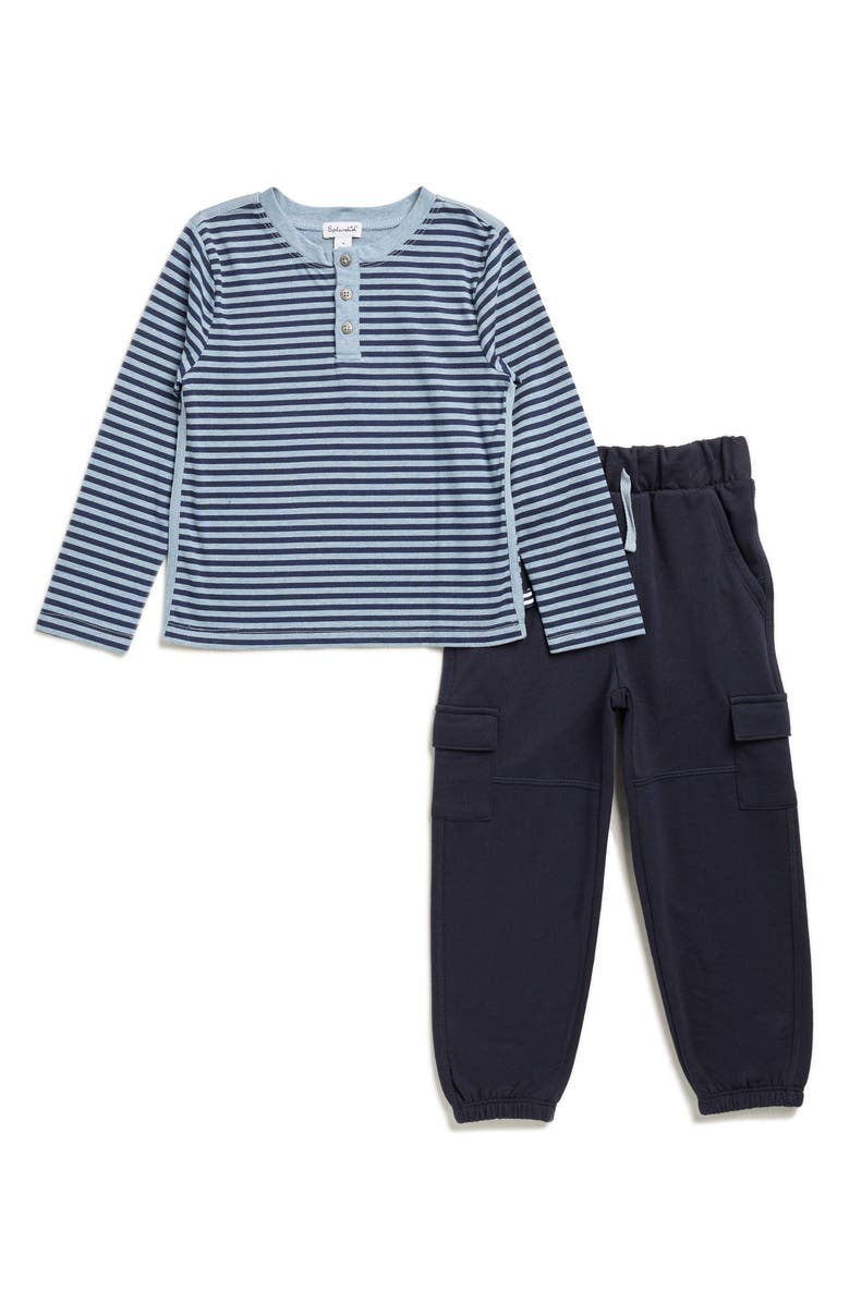 Splendid Kids' Curious Henley & Sweatpants Set, Main, color, Chicory Stripe