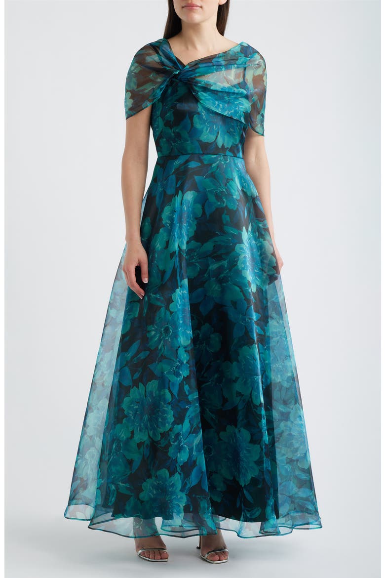 Floral Shoulder Overlay Ballgown, Main, color, TEAL