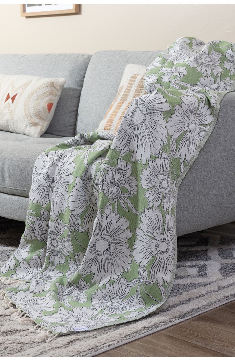 InfuseZen Garden Flower Organic Cotton Medium Weight Throw Blanket, Alternate, color, Olive