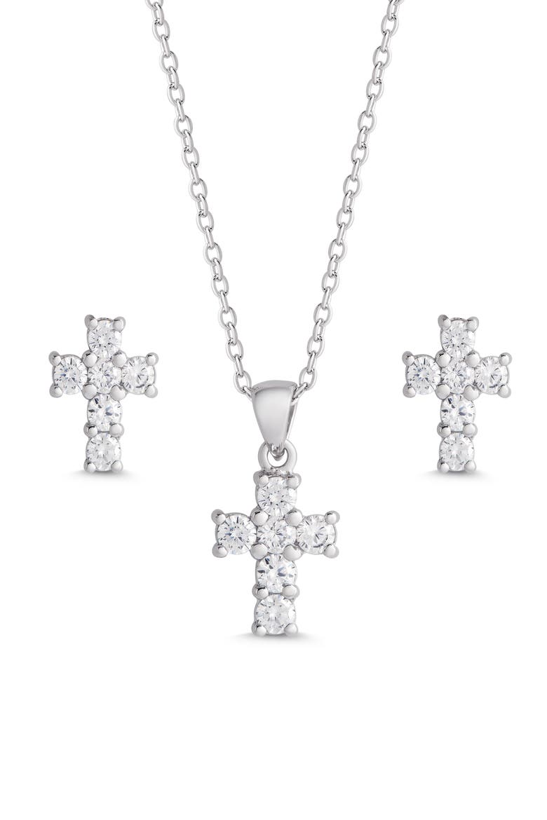 Kids' Cubic Zirconia Pendant Necklace & Stud Earrings Set, Main, color, SILVER