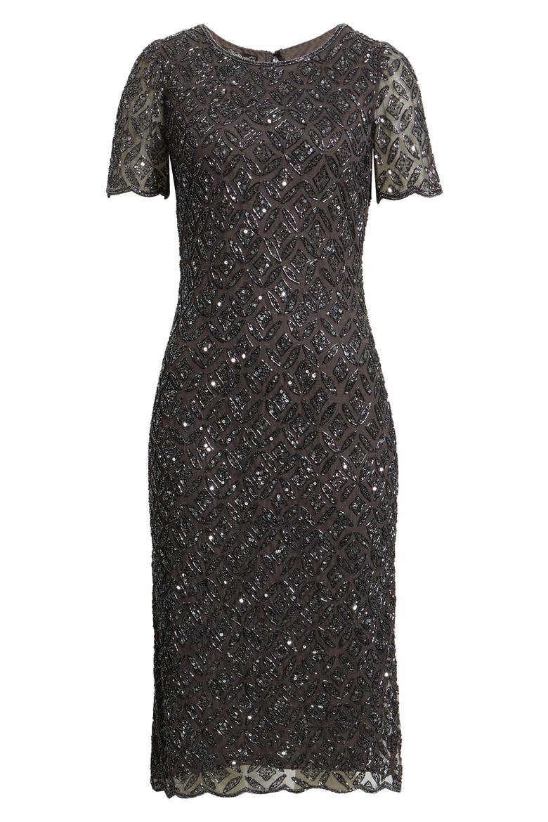 Beaded Midi Cocktail Dress, Alternate, color, SLATE 421