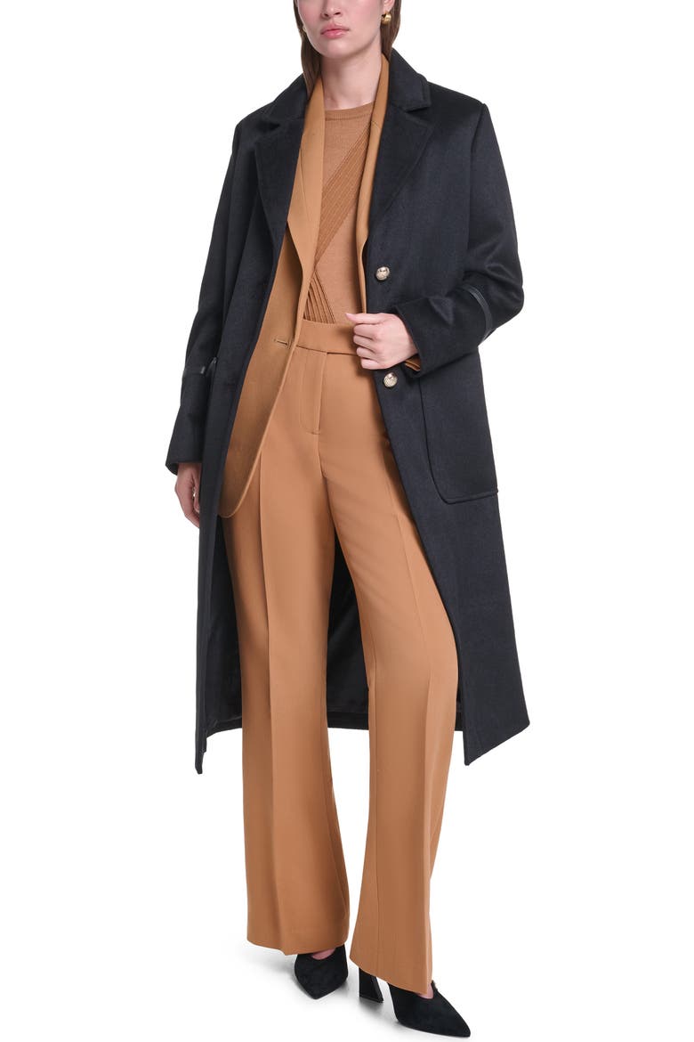 Single Breasted Coat with Faux Leather Trim, Alternate, color, BLACK