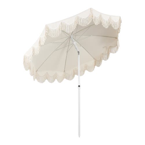 Jonathan Y Mariner 6.5 Ft. Classic Cottage Fringe Tassel Market Beach Umbrella With Push Button Tilt In Neutral