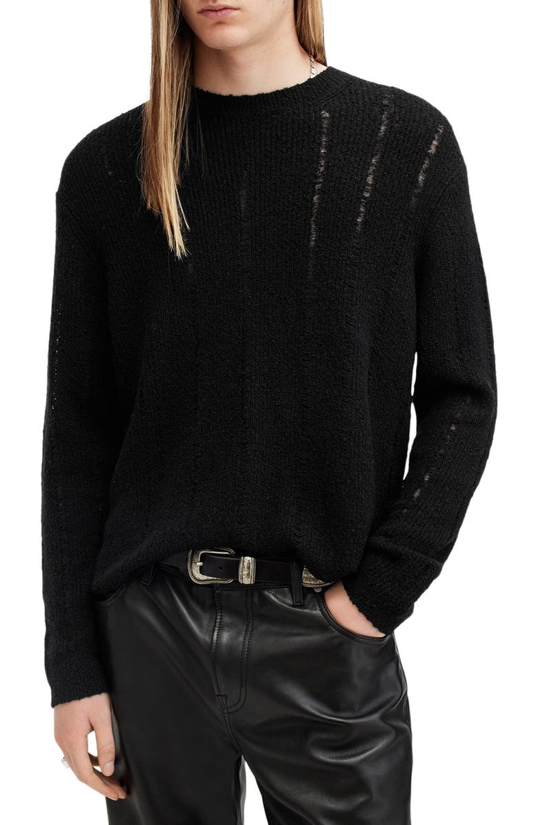 AllSaints Hades Distressed Merino Wool Blend Crewneck Sweater, Main, color, 