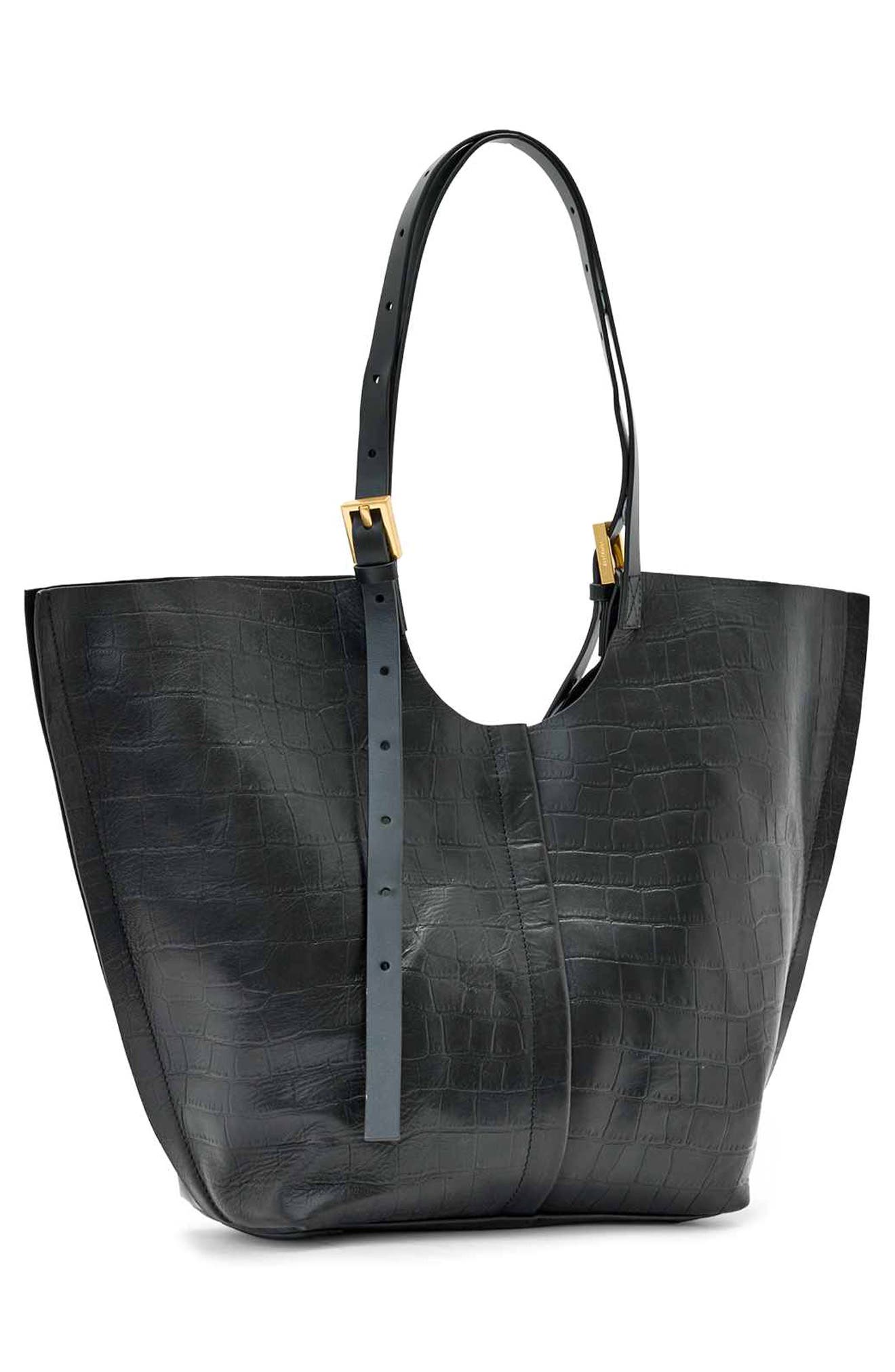 Ara Medium Croc Embossed Leather Tote, Alternate, color, BLACK