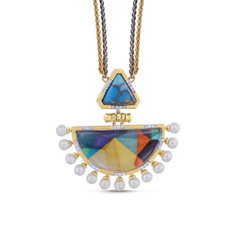 My Colorful Legacy Turquoise Gemstone Diamond Pearl Yellow Gold Plated Silver Necklace
