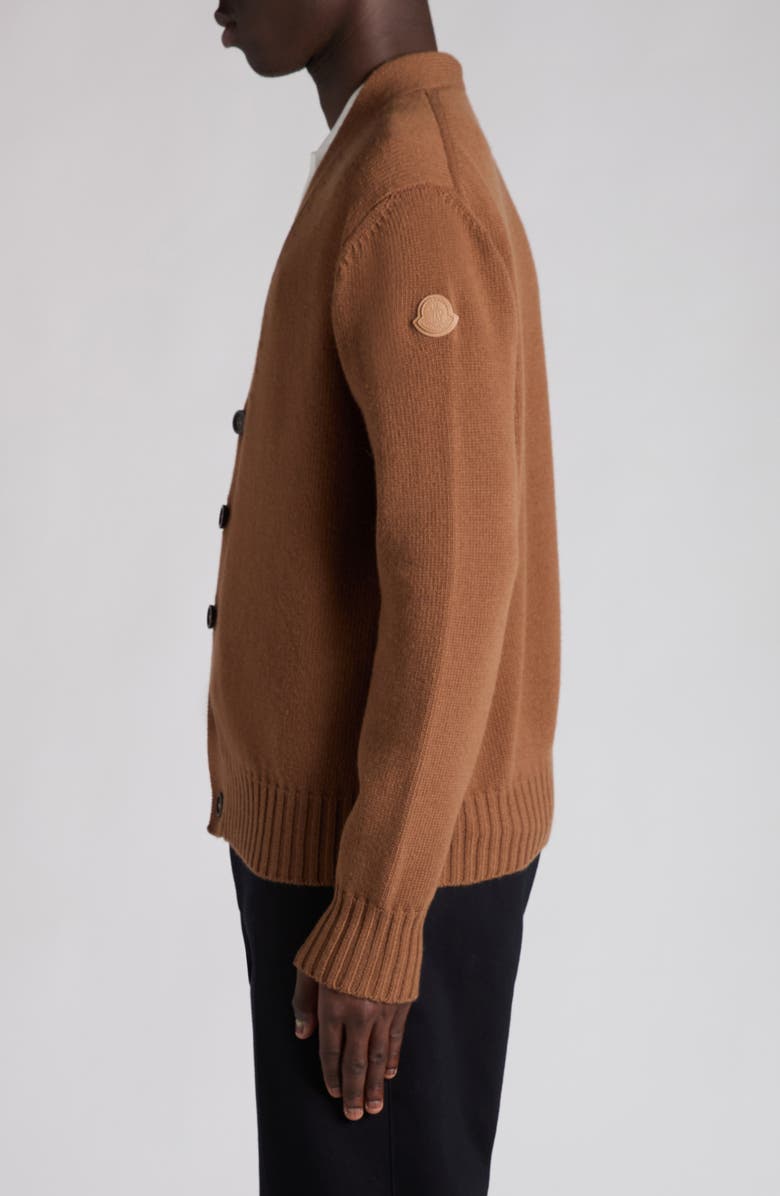 Moncler Logo Patch Virgin Wool Cardigan, Alternate, color, Dull Brown