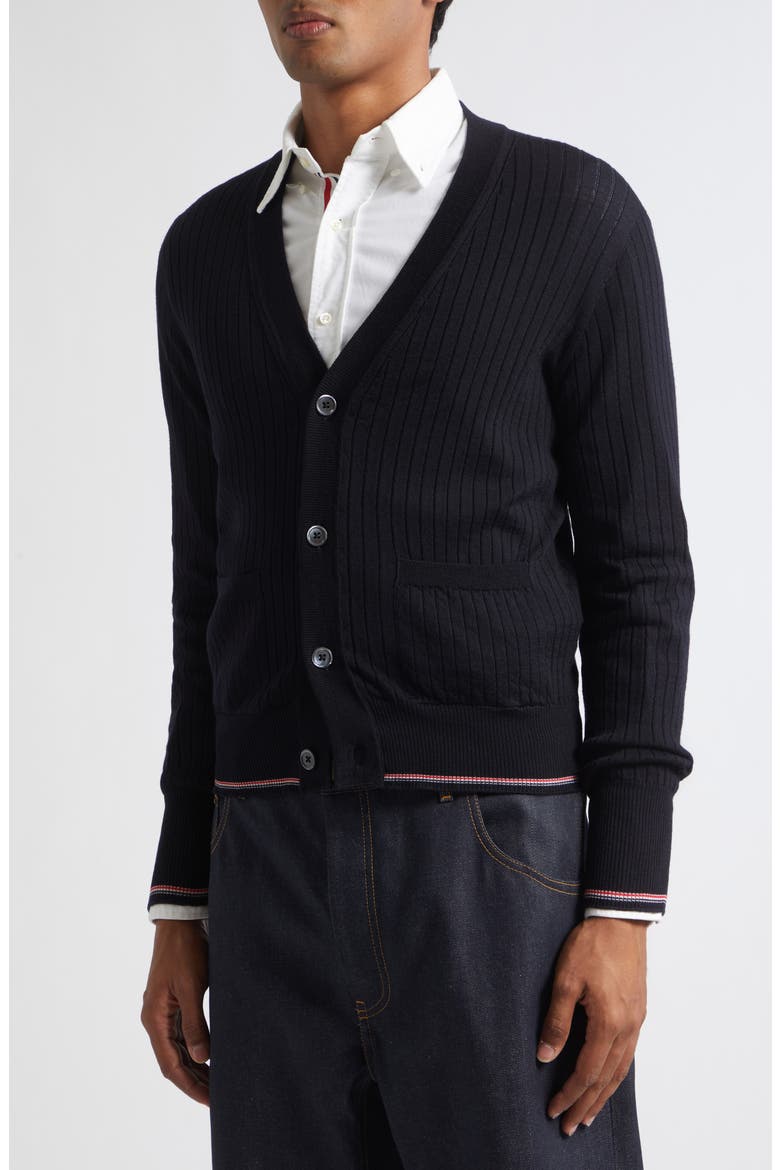 Rib Stitch Stretch Wool V-Neck Cardigan, Alternate, color, NAVY