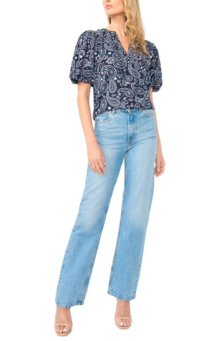 Vince Camuto Paisley Puff Sleeve Organdy Top, Alternate, color, Classic Navy