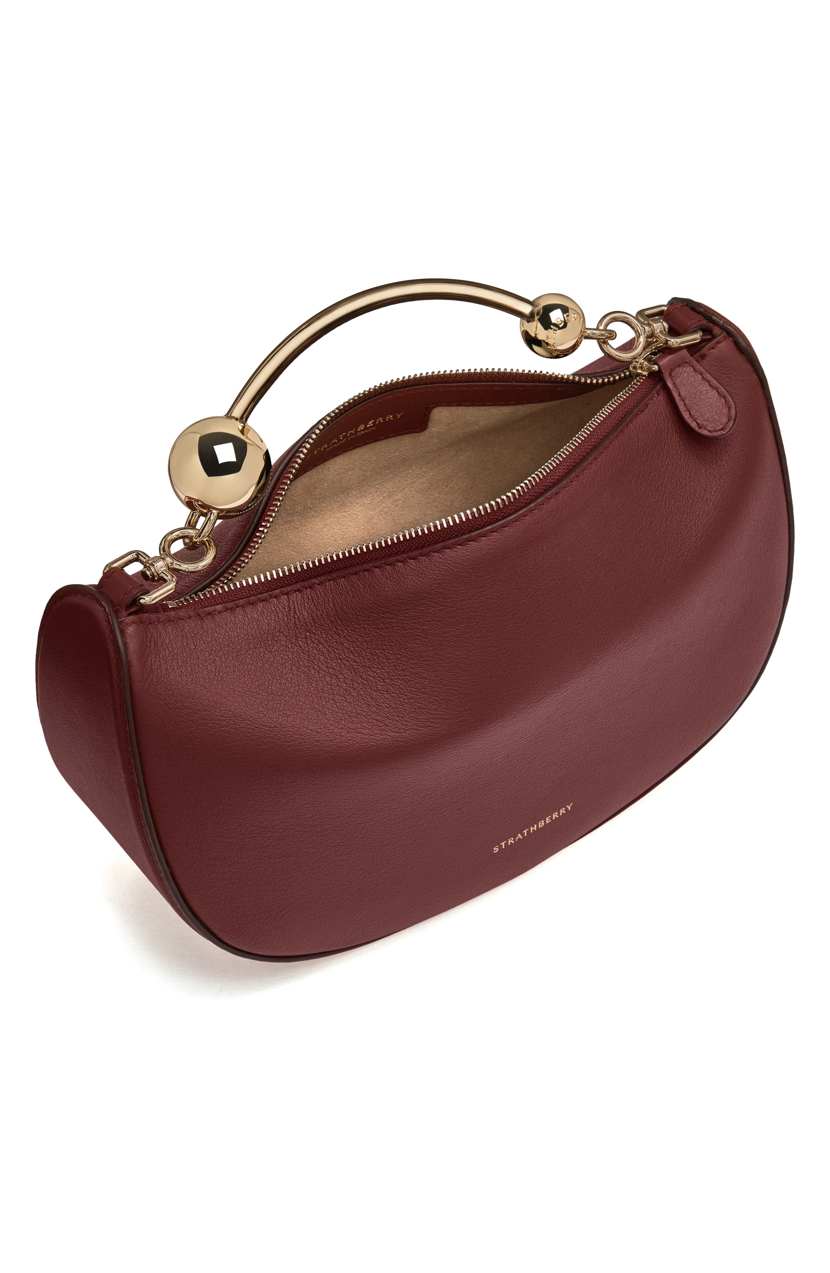 Strathberry Mini Crescent Moon Leather Shoulder Bag, Alternate, color, Oxblood