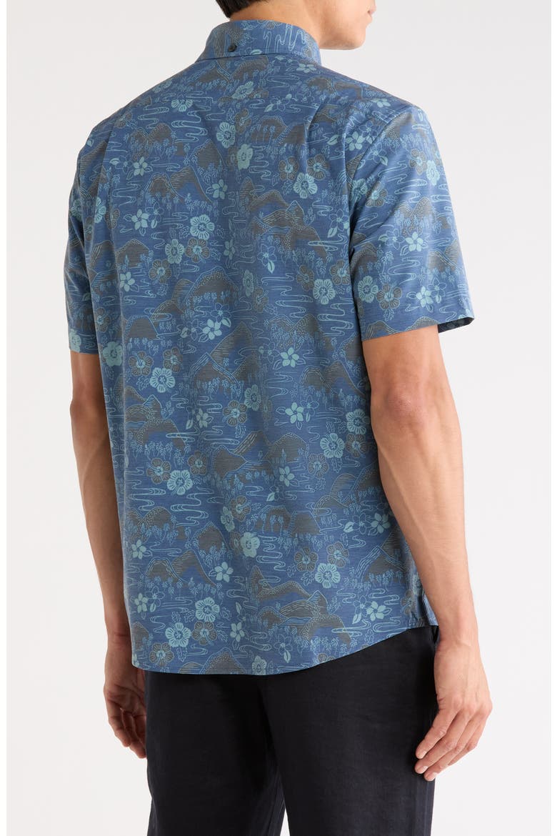 Sakura Fields Floral Short Sleeve Performance Button-Down Shirt, Alternate, color, NAVY