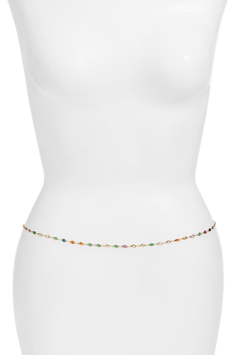 Rainbow Crystal Station Belly Chain, Main, color, GOLD