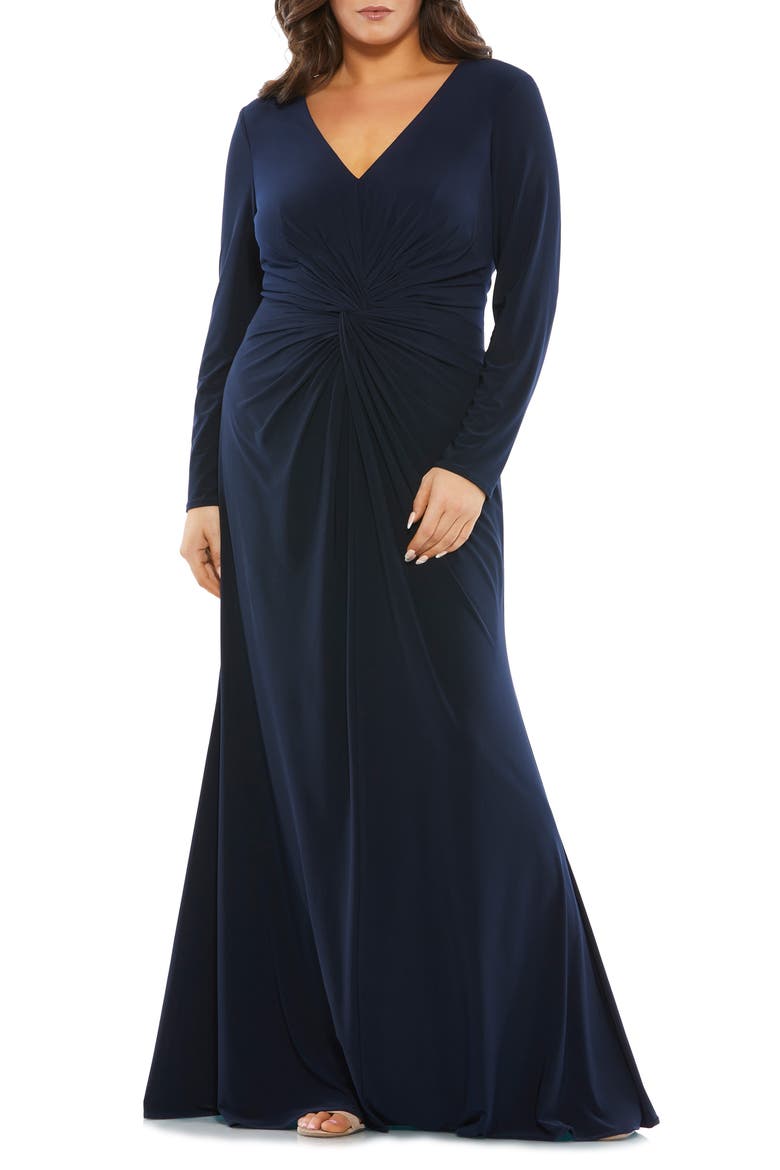 Front Twist Long Sleeve V-Neck Gown, Main, color, MIDNIGHT