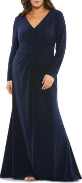 Mac Duggal Front Twist Long Sleeve V-Neck Gown