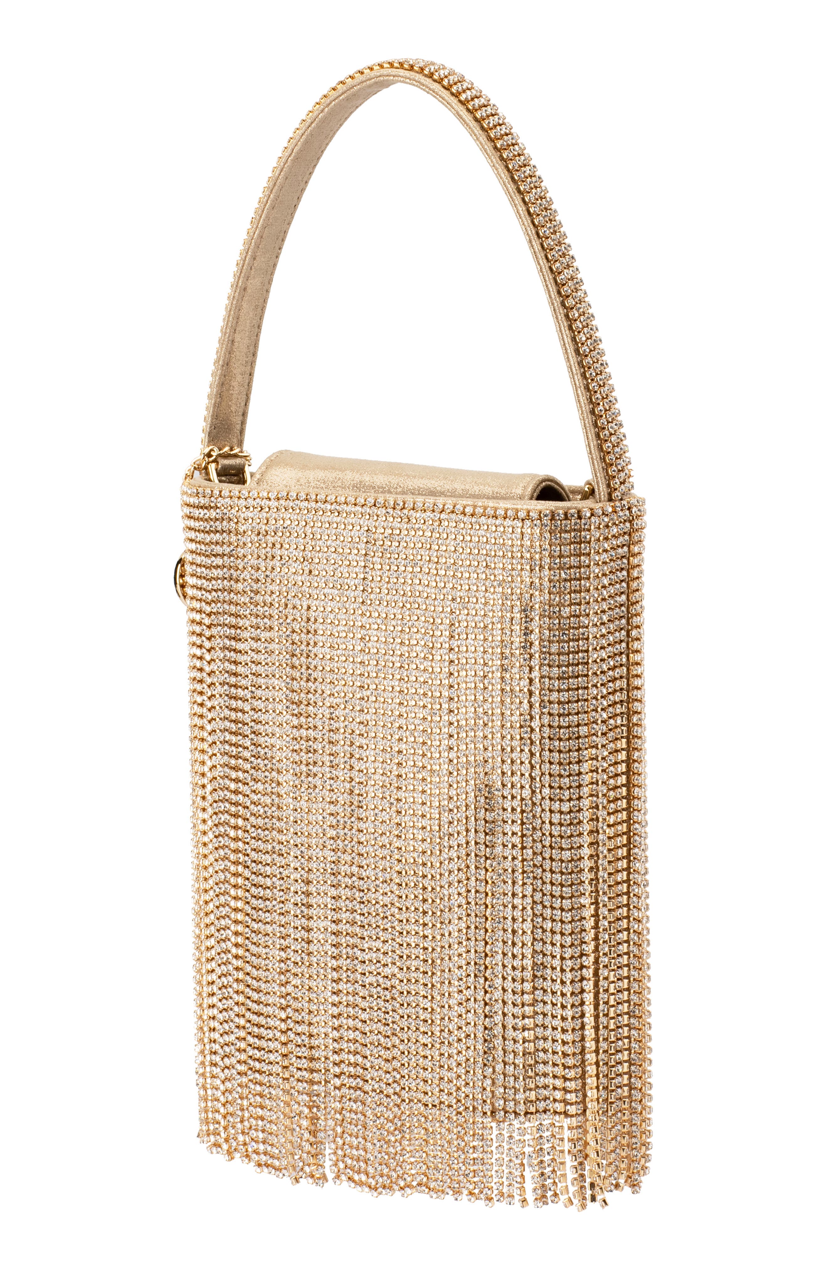 Olga Berg Billie Crystal Fringe Top Handle Bag, Alternate, color, Champagne