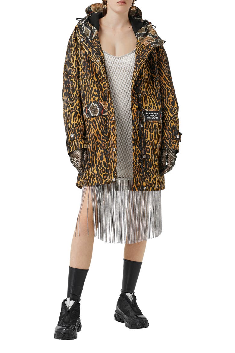 Leopard & Snake Print Twill Parka, Alternate, color, HONEY