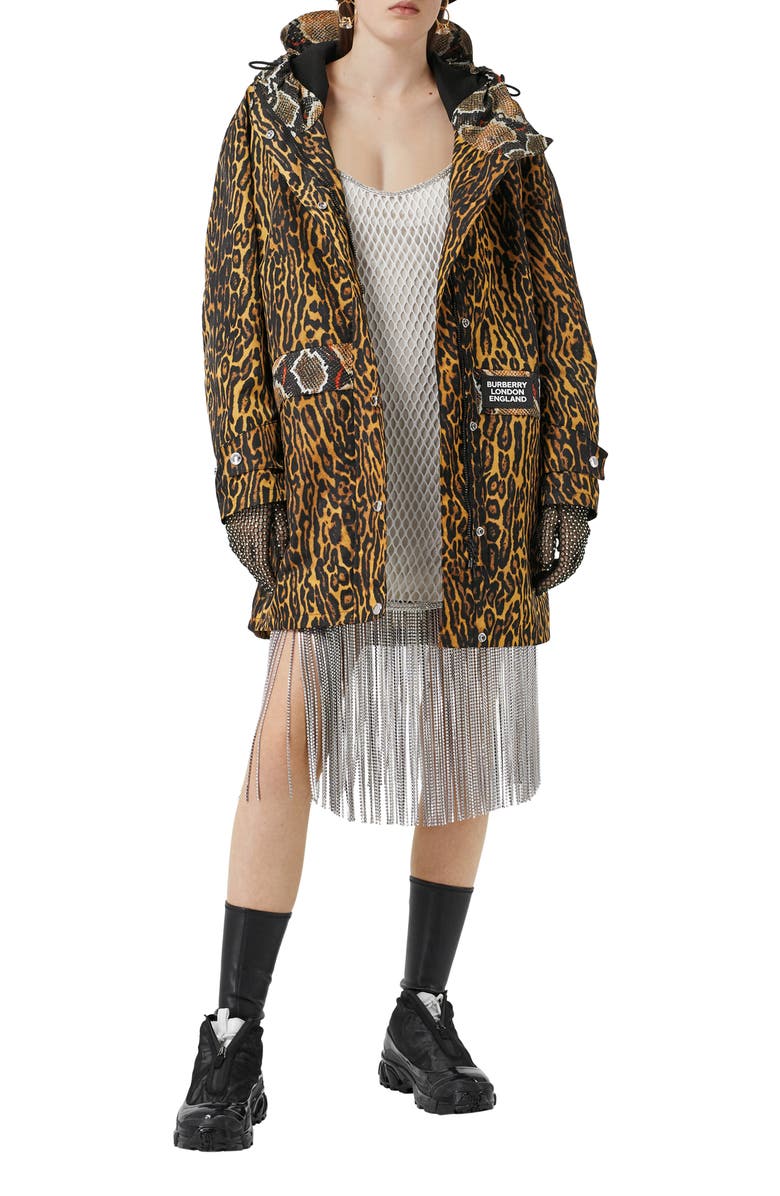 Burberry Leopard & Snake Print Twill Parka, Alternate, color, 