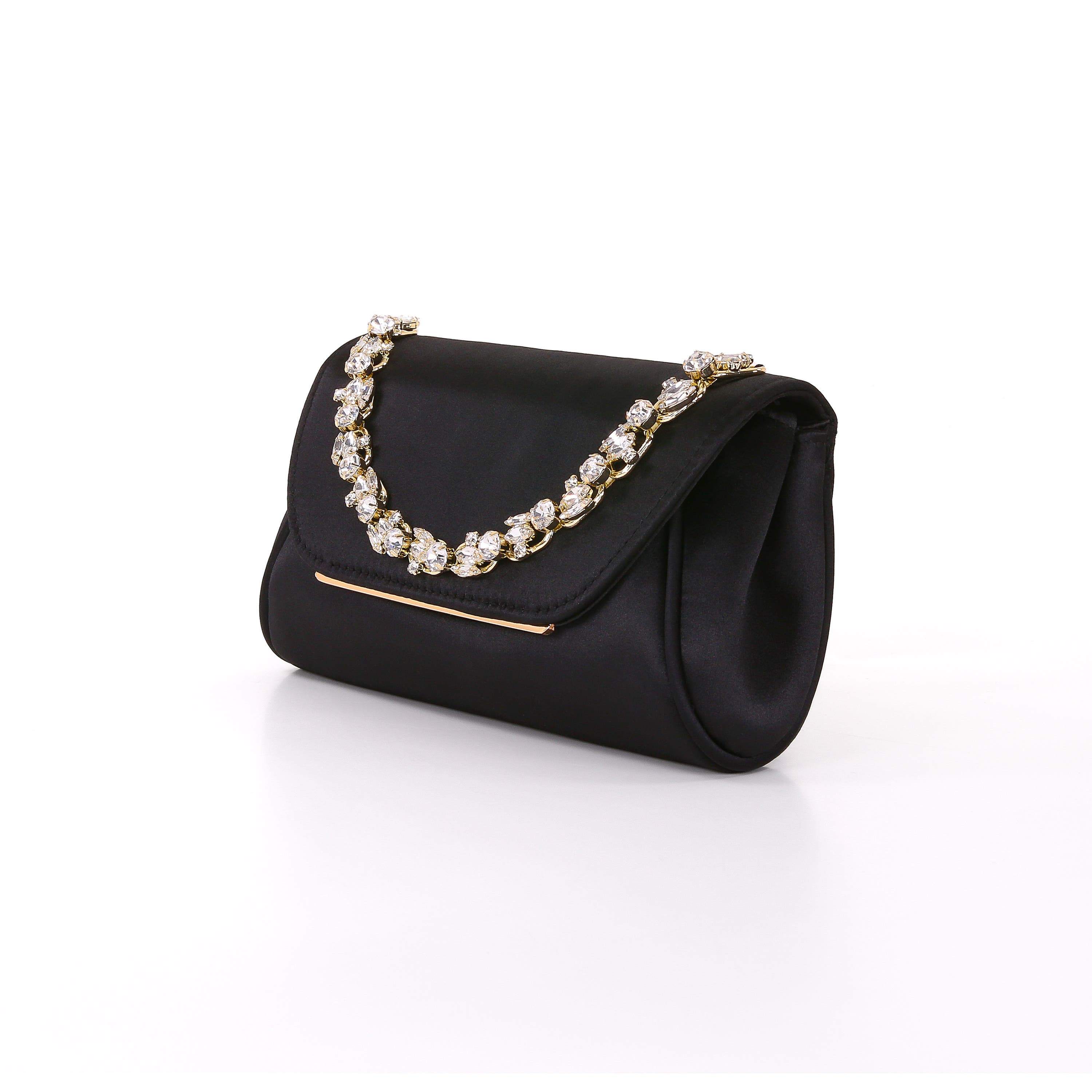 Seraphina Satin Clutch with Crystal Necklace Handslip, Alternate, color, Black