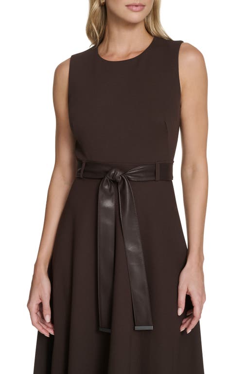 Calvin Klein Faux Leather Belt Scuba Crepe Midi A-line Dress In Brown