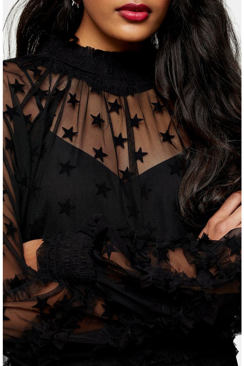 Star Mesh Long Sleeves Minidress, Alternate, color, BLACK