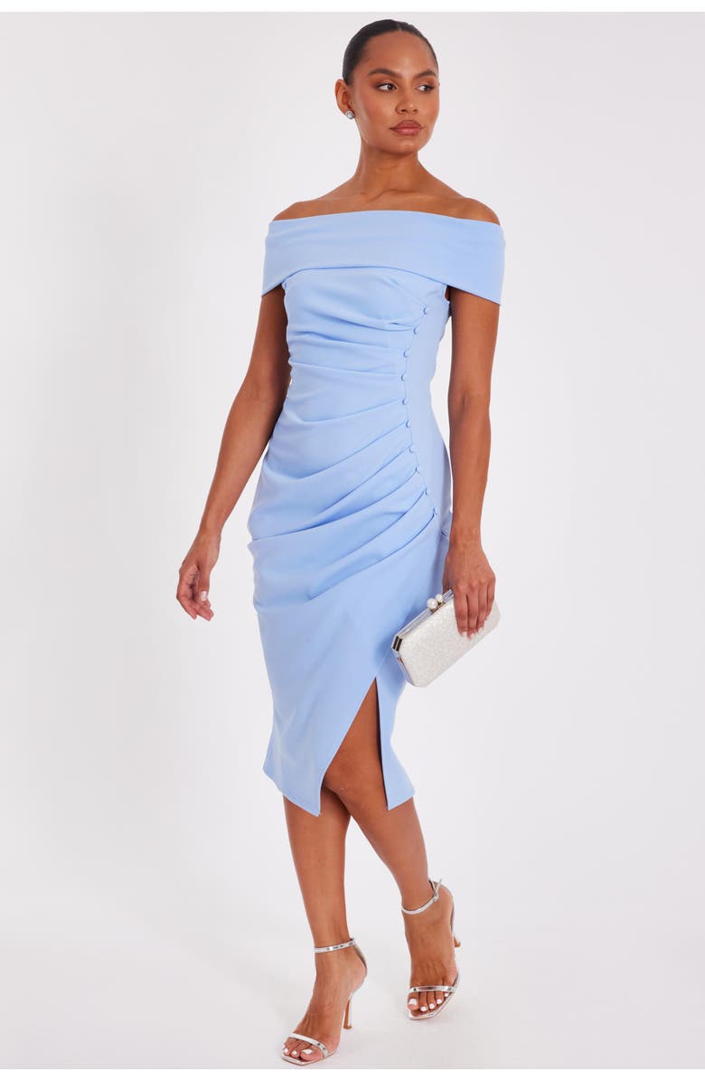 QUIZ Scuba Crepe Bardot Midi Dress With Button Detail, Alternate, color, Pale Blue