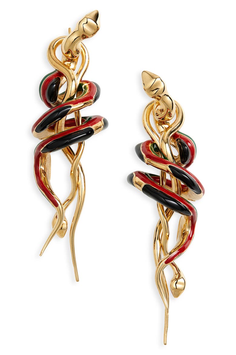 Enamel Spiral Snake Front Back Earrings, Main, color, PETROL/ BLACK