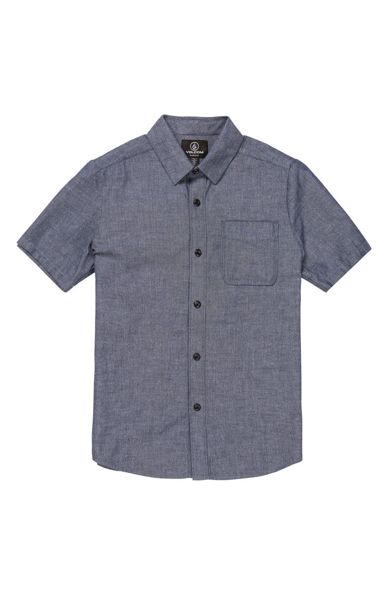 Volcom Kids' Play Date Knight Chambray Short Sleeve Button-Up Shirt, Main, color, 