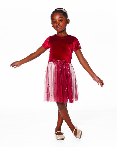 Deux Par Deux Bi-material Short Sleeve Party Dress In Red