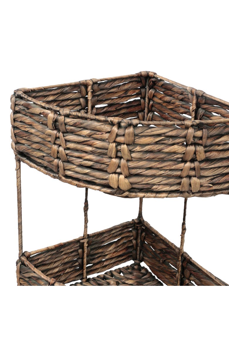 Lavish Coastal Handwoven Water Hyacinth 3-Tier Corner Freestanding Storage Rack with Metal Frame, Alternate, color, Brown
