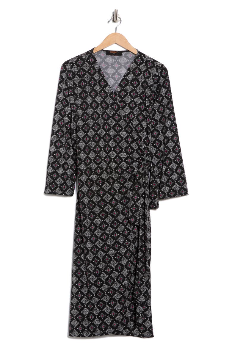 Geometric Long Sleeve Jersey Wrap Dress, Alternate, color, BLACK